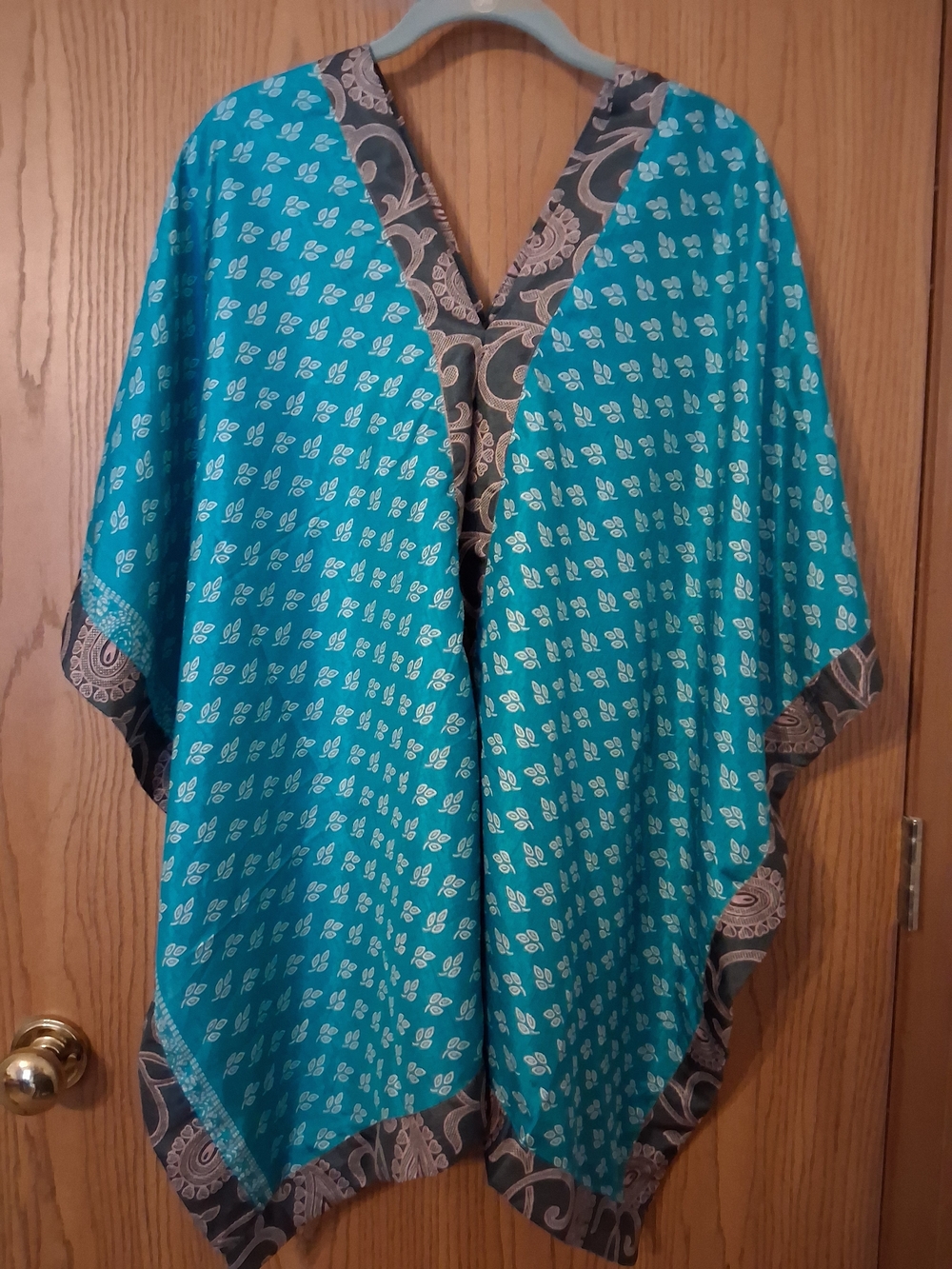 Jaded Gypsy Turquoise With Brown Trim Floral-Print Tunic Kimono